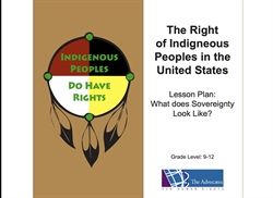 [ai] A lesson plan cover featuring a colorful dreamcatcher and text stating 'The Right of Indigenous Peoples in the United States' with the subtitle 'What does Sovereignty Look Like?' and includes the grade level 9-12.